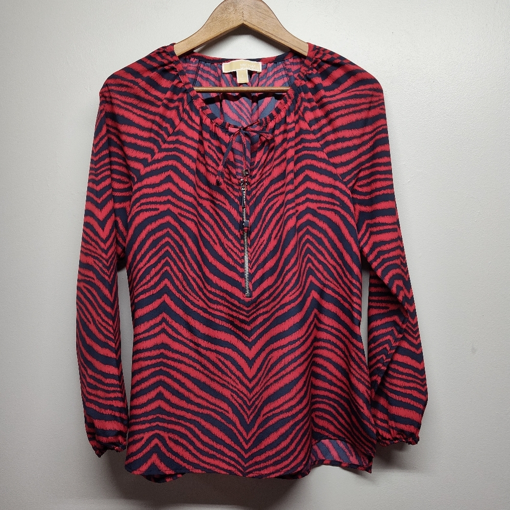 Michael Kors Tunic Top Women Size 8 Red Blue Zebra Animal Print Lightweight Fall